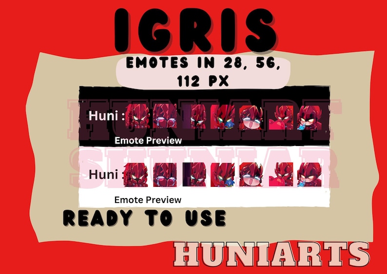 K&ouml;nnte beinhalten: Eine digitale Illustration eines roten Charakters mit verschiedenen Gesichtsausdr&uuml;cken. Das Bild ist mit "IGRIS EMOTES IN 28, 56, 112 PX" und "HUNI: Emote Preview" sowie "READY TO USE HUNIARTS" beschriftet.