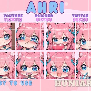 Peut inclure: Huit émoticônes de personnage de style anime aux cheveux roses, aux yeux bleus et aux oreilles de chat. Les émoticônes sont disposées en grille, avec le nom "AHRI" en haut. Le texte comprend "YOUTUBE 112X112", "DISCORD 56X56", "TWITCH 28X28", "READY TO USE" et "HUNIARTS".