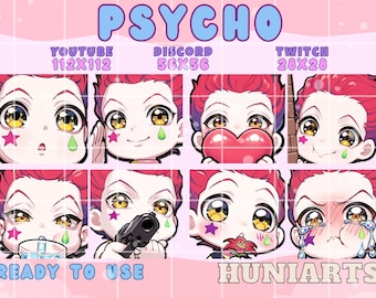 Puede incluir: Gráfico de arte digital con la palabra "PSYCHO" en letras azules de burbujas. La imagen presenta ocho expresiones de dibujos animados diferentes de un personaje con cabello rojo, ojos amarillos y una estrella en la cara. El texto incluye "YOUTUBE 112X112", "DISCORD 56X56", "TWITCH 28X28", "READY TO USE" y "HUNIARTS".