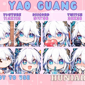 May include: A digital art graphic with the text "YAO GUANG" in light blue. The image features eight chibi-style anime character emotes with white hair and blue eyes, labeled for YouTube, Discord, and Twitch. Text at the bottom reads "READY TO USE" and "HUNIARTS."