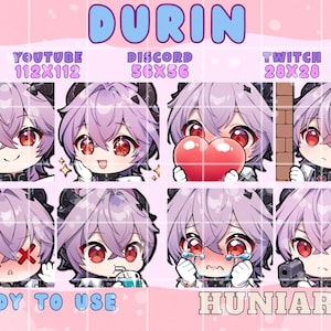Könnte beinhalten: Eine Sammlung von acht digitalen Kunst-Emotes im Chibi-Stil, die einen Charakter mit lavendelfarbenem Haar und roten Augen zeigen. Die Emotes zeigen verschiedene Ausdrücke, darunter Lächeln, Zwinkern und Halten eines Herzens. Text enthält "DURIN", "READY TO USE" und "HUNIARTS".