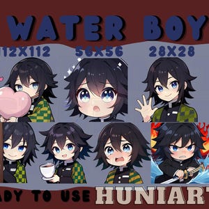 Water Boy Anime Boy, Water Fighter Anime Emotes, Chibi Emotes for Twitch/Discord/Youtube