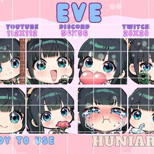 Könnte beinhalten: Eine Sammlung von acht Emoticons im Chibi-Stil, die einen Charakter mit schwarzen Haaren und türkisfarbenen Augen zeigen. Die Emoticons zeigen verschiedene Ausdrücke, mit dem Text "EVE", "READY TO USE" und "HUNIARTS".