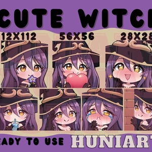以下が含まれることがあります： 「CUTE WITCH」の文字と、様々な表情のちび魔女のイラストが描かれた紫色のグラフィック。イラストは様々なサイズで、下部には「READY TO USE HUNIARTS」の文字が配置されています。