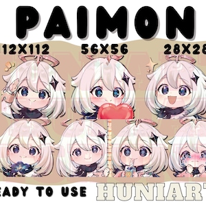 May include: A set of eight digital printable stickers featuring the character Paimon from the video game Genshin Impact. The stickers are available in three sizes: 112x112 pixels, 56x56 pixels, and 28x28 pixels. The stickers are ready to use.