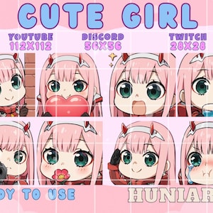 May include: A collection of eight anime-style character emotes featuring a pink-haired girl with green eyes. The emotes are in various poses, including holding a heart, drinking, and crying. Text includes "CUTE GIRL", "READY TO USE", and "HUNIARTS".