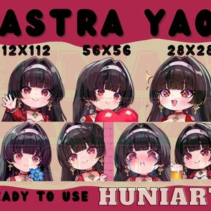 May include: A set of eight digital illustrations featuring a cartoon character with black hair, red eyes, and a red and white outfit. The character is shown in different poses and expressions. The illustrations are available in three sizes: 112x112 pixels, 56x56 pixels, and 28x28 pixels. The text "ASTRA YAO" and "READY TO USE HUNIARTS" is also included in the image.