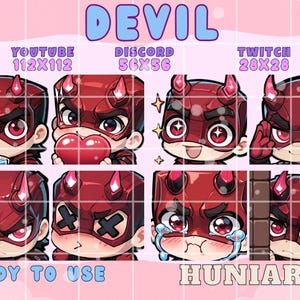 May include: A collection of eight cartoon devil character emotes in various expressions, with red and black color scheme. The word "DEVIL" is at the top, and "READY TO USE" and "HUNIARTS" are at the bottom. The emotes are sized for YouTube, Discord, and Twitch.