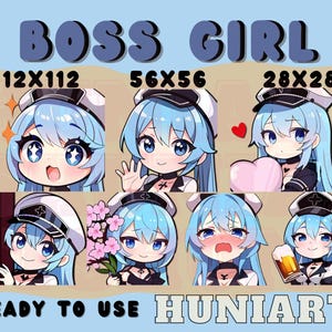 Boss Ice Girl, Boss Anime Girl, Blue Hair Anime Girl, Anime Emotes, Chibi Emotes for Twitch/Discord/Youtube
