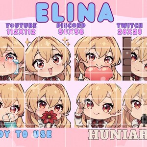 May include: A collection of eight chibi-style emotes featuring a character with blonde hair and red eyes. The emotes display various expressions, including crying, smiling, and holding objects. Text includes "ELINA", "YOUTUBE 112X112", "DISCORD 56X56", "TWITCH 28X28", "READY TO USE", and "HUNIARTS".