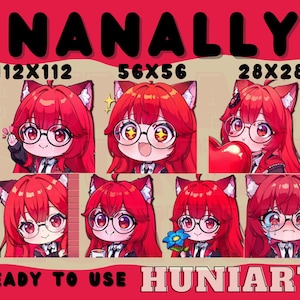 May include: A set of anime-style character portraits featuring a character with red hair, cat ears, and glasses. The portraits display different expressions. Text includes "NANALLY", "READY TO USE", and "HUNIARTS".