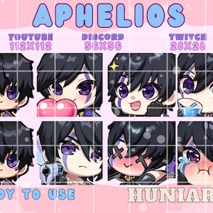 May include: A grid of eight chibi-style character emotes with black hair and purple eyes. The emotes are for YouTube, Discord, and Twitch, with the text "Aphelios" at the top and "Ready to Use" and "Huniarts" at the bottom. The background is pink.
