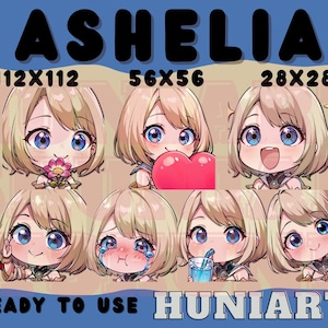 Puede incluir: Ocho ilustraciones digitales de una niña rubia con diferentes expresiones. Las ilustraciones son de varios tamaños: 112x112, 56x56 y 28x28. El texto "ASHELIA" está en la parte superior de la imagen, y el texto "READY TO USE HUNIARTS" está en la parte inferior.