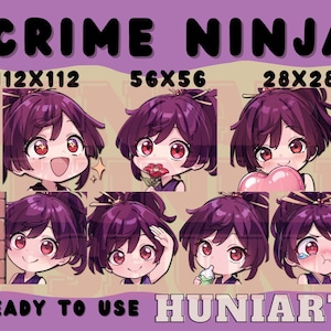 Op de afbeelding: Een set digitale stickers met een anime-personage met paars haar en verschillende uitdrukkingen. De stickers zijn verkrijgbaar in drie formaten: 112x112 pixels, 56x56 pixels en 28x28 pixels. De tekst "CRIME NINJA" staat bovenaan de afbeelding, en de tekst "READY TO USE HUNIARTS" staat onderaan.