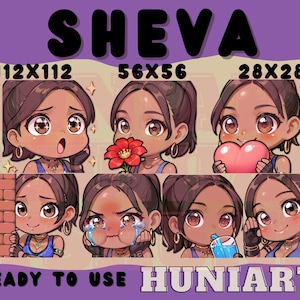 May include: A set of eight cartoon character avatars with different expressions. The avatars are brown-skinned with black hair and blue eyes. The avatars are wearing blue and white outfits. The text "SHEVA" is at the top of the image. The text "READY TO USE HUNIARTS" is at the bottom of the image.