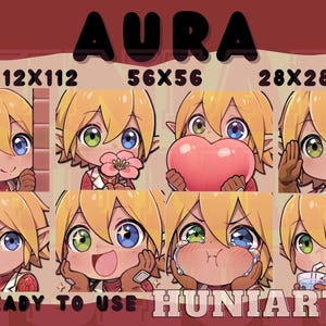 Könnte beinhalten: Aura-Grafikset mit einer Zeichentrickfigur mit blonden Haaren und verschiedenen Gesichtsausdrücken. Die Figur hat heterochrome Augen und hält eine Blume, ein Herz und eine Pistole. Der Text enthält "AURA", "READY TO USE" und "HUNIARTS".