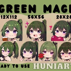 Green Mage, Anime Green Mage Girl, Anime Girl Emotes, Green Hair Mage Girl Emotes, Anime Emotes, Chibi Emotes for Twitch/Discord/Youtube
