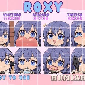 May include: A collection of anime-style character emotes featuring a girl with blue hair and blue eyes. The emotes display various expressions, including joy, sadness, and holding objects. Text includes "ROXY", "YOUTUBE", "DISCORD", "TWITCH", "READY TO USE", and "HUNIARTS".