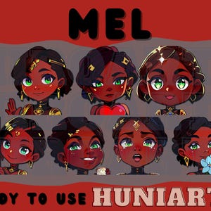 Może przedstawiać: Osiem cyfrowych ilustracji postaci z kreskówek o imieniu "Mel". Mel to młoda czarnoskóra kobieta o brązowej skórze, zielonych oczach i długich czarnych włosach. Nosi złotą biżuterię i ma różne wyrazy twarzy na każdej ilustracji.