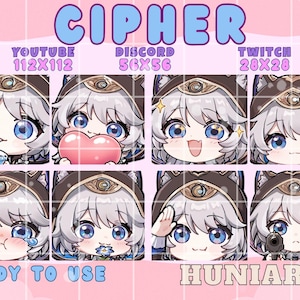 Puede incluir: Un conjunto de ocho emoticonos de arte digital estilo chibi con un personaje de pelo plateado y ojos azules. Los emoticonos muestran varias expresiones, con texto que dice "CIPHER", "READY TO USE" y "HUNIARTS".