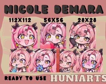 Pode incluir: Uma coleção de ilustrações de personagens de estilo anime com cabelo rosa e várias expressões, incluindo sorrir, acenar e chorar. O texto "NICOLE DEMARA" está no topo, com dimensões abaixo de cada imagem. As palavras "READY TO USE" e "HUNIARTS" também estão presentes.