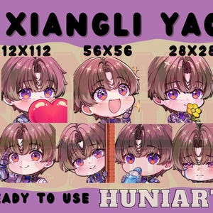 May include: Set of seven digital illustrations of a cartoon character with different expressions. The character has brown hair, brown eyes, and is wearing a blue and white outfit. The illustrations are in various sizes, including 112x112, 56x56, and 28x28 pixels. The text "XIANGLI YAO" is at the top of the image, and the text "READY TO USE HUNIARTS" is at the bottom.