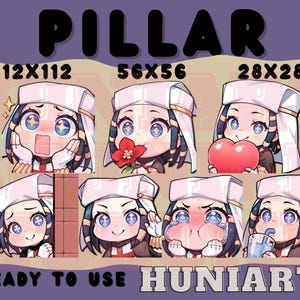 May include: A set of eight digital stickers featuring a cartoon character with blue hair and a white head covering. The stickers are available in three sizes: 112x112 pixels, 56x56 pixels, and 28x28 pixels. The character is shown with different expressions, including surprised, smiling, crying, and drinking. The text "PILLAR" is at the top of the image, and the text "READY TO USE HUNIARTS" is at the bottom.