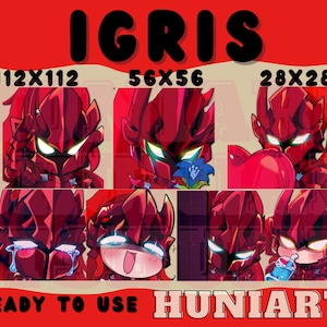 K&ouml;nnte beinhalten: Eine digitale Illustration einer roten Comicfigur mit verschiedenen Bildgr&ouml;&szlig;en. Die Figur tr&auml;gt einen roten Helm und hat ein rotes und schwarzes Gesicht. Der Text "IGRIS" befindet sich oben im Bild. Der Text "READY TO USE HUNIARTS" befindet sich unten im Bild.