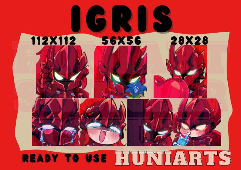 K&ouml;nnte beinhalten: Eine digitale Illustration einer roten Comicfigur mit verschiedenen Bildgr&ouml;&szlig;en. Die Figur tr&auml;gt einen roten Helm und hat ein rotes und schwarzes Gesicht. Der Text "IGRIS" befindet sich oben im Bild. Der Text "READY TO USE HUNIARTS" befindet sich unten im Bild.