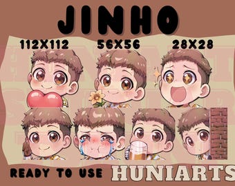 May include: A set of eight digital illustrations of a cartoon character named JinHo. The illustrations are in different sizes, with the text "112x112", "56x56", and "28x28" indicating the dimensions of each image. The character is depicted in various poses and expressions, including holding a heart, crying, and drinking from a mug. The text "READY TO USE" and "HUNIAARTS" is also included in the image.