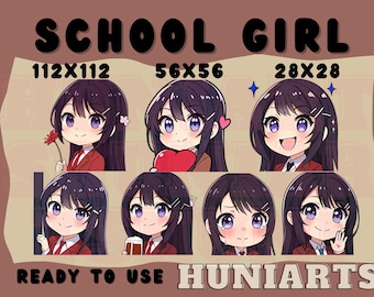 Cute School Girl Anime, Anime School Girl, Anime Emotes, Chibi Emotes for Twitch/Discord/Youtube