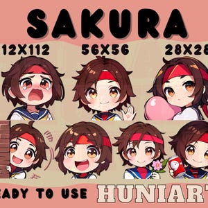 Street Fighter Sakura Emotes, Street Fighter Sakura Kasugano, Street Fighter Sakura Anime Emotes, Chibi Emotes for Twitch/Discord/Youtube