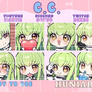May include: A collection of chibi-style digital art graphics featuring a character with green hair and large eyes. The graphics are designed for use on platforms like YouTube, Discord, and Twitch, with the text "C.C." at the top and "READY TO USE" and "HUNIARTS" at the bottom.