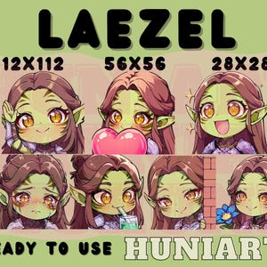 May include: A set of six digital illustrations featuring a green-skinned character with brown hair. The character has different expressions, including smiling, crying, and holding a heart. The illustrations are labeled with different sizes: 112x112, 56x56, and 28x28. The text "LAEZEL" is at the top of the image, and the text "READY TO USE HUNIARTS" is at the bottom.