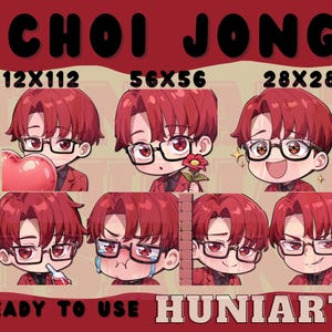Può includere: Grafica rossa e beige con il nome "CHOI JONG" in grandi lettere nere. Presenta diverse illustrazioni in stile chibi di una persona con capelli rossi e occhiali, ognuna con un'espressione diversa. Il testo recita "READY TO USE" e "HUNIARTS".