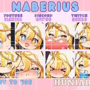 Puede incluir: Un conjunto de imágenes de perfil de personajes de estilo anime, con el nombre "NABERIUS" en azul. Diseñado para YouTube, Discord y Twitch, con las dimensiones indicadas. La frase "READY TO USE" está en la parte inferior.