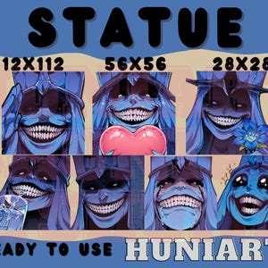 Könnte beinhalten: Ein Satz von 9 digitalen Illustrationen einer blauen Statue mit einem gruseligen Lächeln. Die Statue wird in verschiedenen Posen und Ausdrücken gezeigt. Die Bilder sind mit den Abmessungen 112x112, 56x56 und 28x28 beschriftet. Der Text "READY TO USE HUNIARTS" befindet sich am unteren Rand des Bildes.