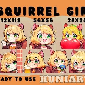 May include: Set of eight digital illustrations featuring a cartoon squirrel girl with different expressions. The illustrations are available in three sizes: 112x112 pixels, 56x56 pixels, and 28x28 pixels. The illustrations are ready to use.