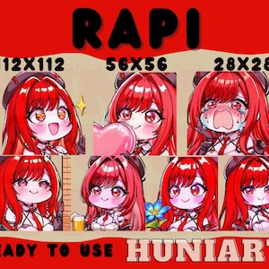 Könnte beinhalten: Ein Satz digitaler Illustrationen mit einem rothaarigen Anime-Charakter mit verschiedenen Gesichtsausdrücken. Der Charakter wird in verschiedenen Größen gezeigt, darunter 112x112, 56x56 und 28x28 Pixel. Der Text "RAPI" wird oben im Bild angezeigt, und der Text "READY TO USE HUNIARTS" wird unten angezeigt.