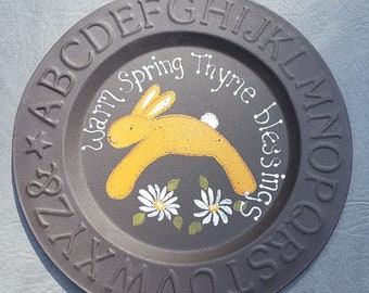 Spring thyme Hand Painted Primitive Bunny Metal Plate, Rustic Wall Decor