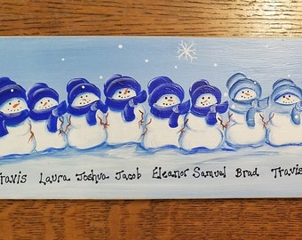 Personalized 16- 20 Snowmen Family Sign: Hand-Painted Winter Decoration, grandparent gift