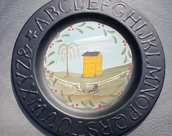 Primitive Farmhouse Plate, Horse Carriage Scene, Alphabet Border Wall Hanger