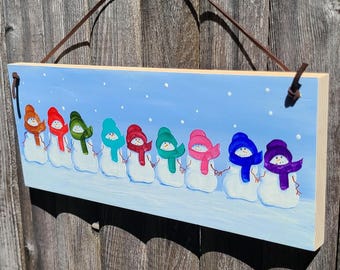 Personalized 9-12 Snowmen Family Sign: Kids' Names, Snowman Holiday Wall Decor