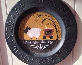 Hand Painted Primitive House Metal Plate: Country Home Decor