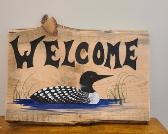 Welcome Rustic country cottage sign hand painted on natural live edge pine wood cabin art lake house decoration for front door, Customizable