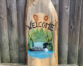 Hand-Painted Loon Welcome Sign: Live Edge Pine Cabin Art, Lake House Decor