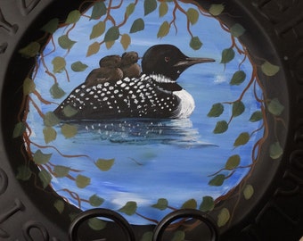 Loons on lake,  hand painted, cabin decor, camp decor, metal painted plate, wall hanger, gift, anniversary , housewarming, birthday, holiday