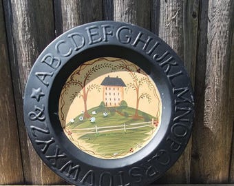 Hand Painted Primitive House Metal Plate: Country Home Decor