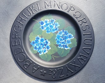 Hand Painted Blue Hydrangea Metal Plate - ABC Embossed Edge