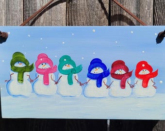 Personalized 5-8  Family of Snowmen Wood Sign: 5 to 8 snowman, Hand-Painted Holiday Decor